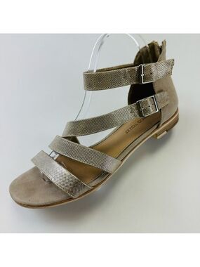 Marco Tozzi soft gold flat sandals Size 40 strappy low heel back zip ankle strap